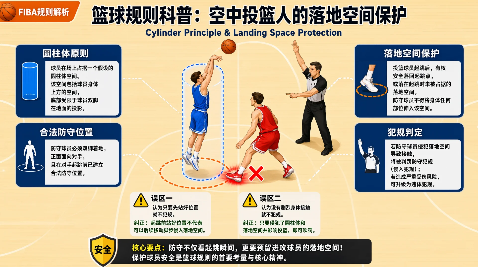 篮球规则科普图：蓝衣球员起跳投篮，虚线标示其圆柱体与落地范围，红衣防守者脚伸向落点并标红叉，裁判举手示意犯规；四周配落地空间保护等规则要点文字块。