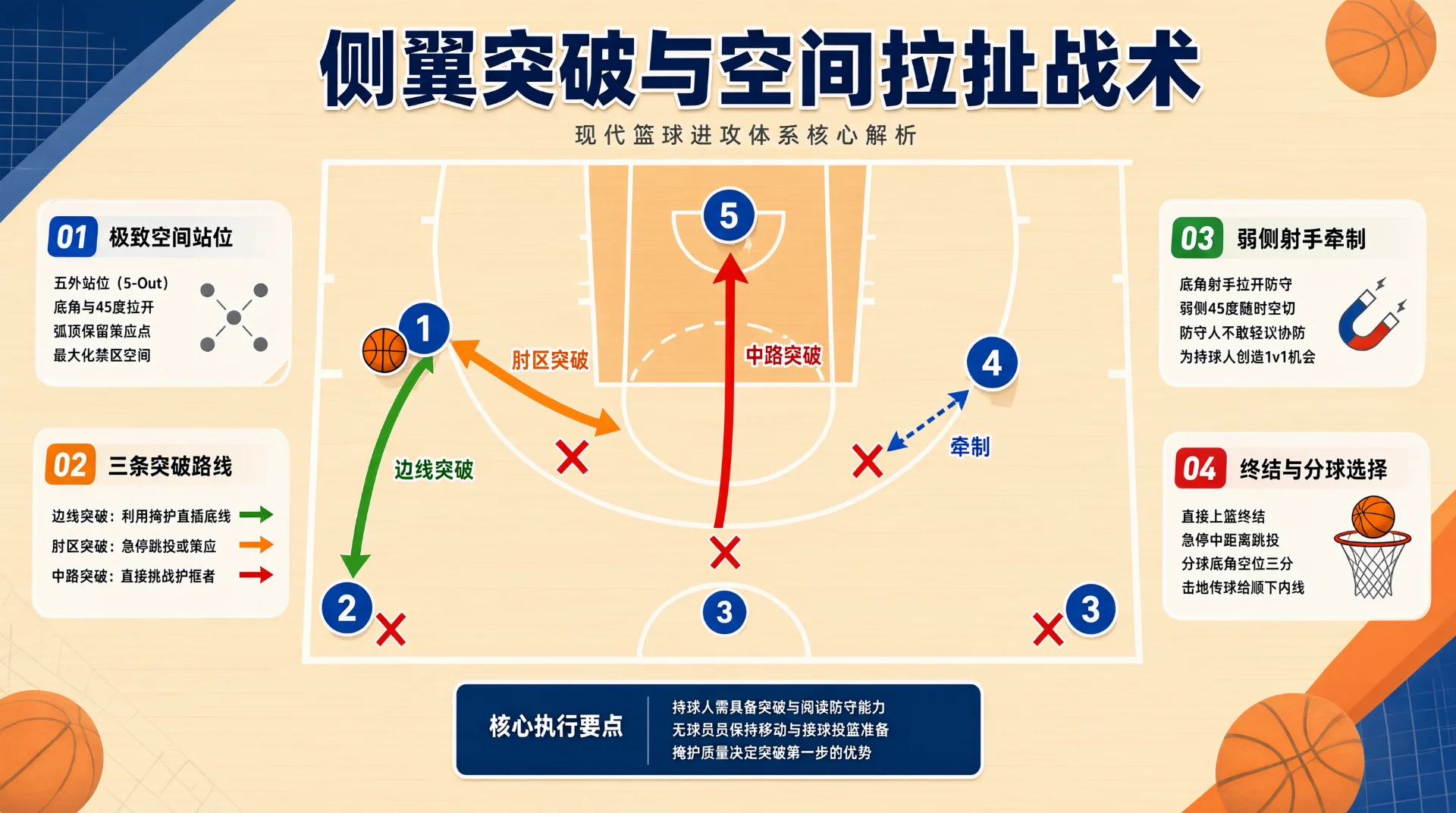 篮球战术示意图：半场内编号圆圈表示五名进攻球员，1号侧翼持球，绿、橙、红箭头标出边线、肘区、中路突破路线，蓝虚线箭头示牵制，红叉为防守位置，四周附要点说明框。