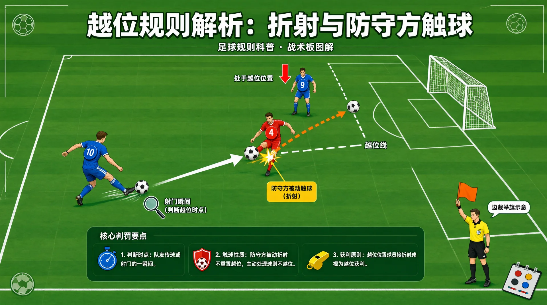 战术板风格足球插画：绿茵场上蓝方球员射门，球击中红方后卫腿部折射，箭头标出球路；另一名蓝方球员处于越位位置，虚线为越位线；边裁举旗示意，下方附判罚要点文字。