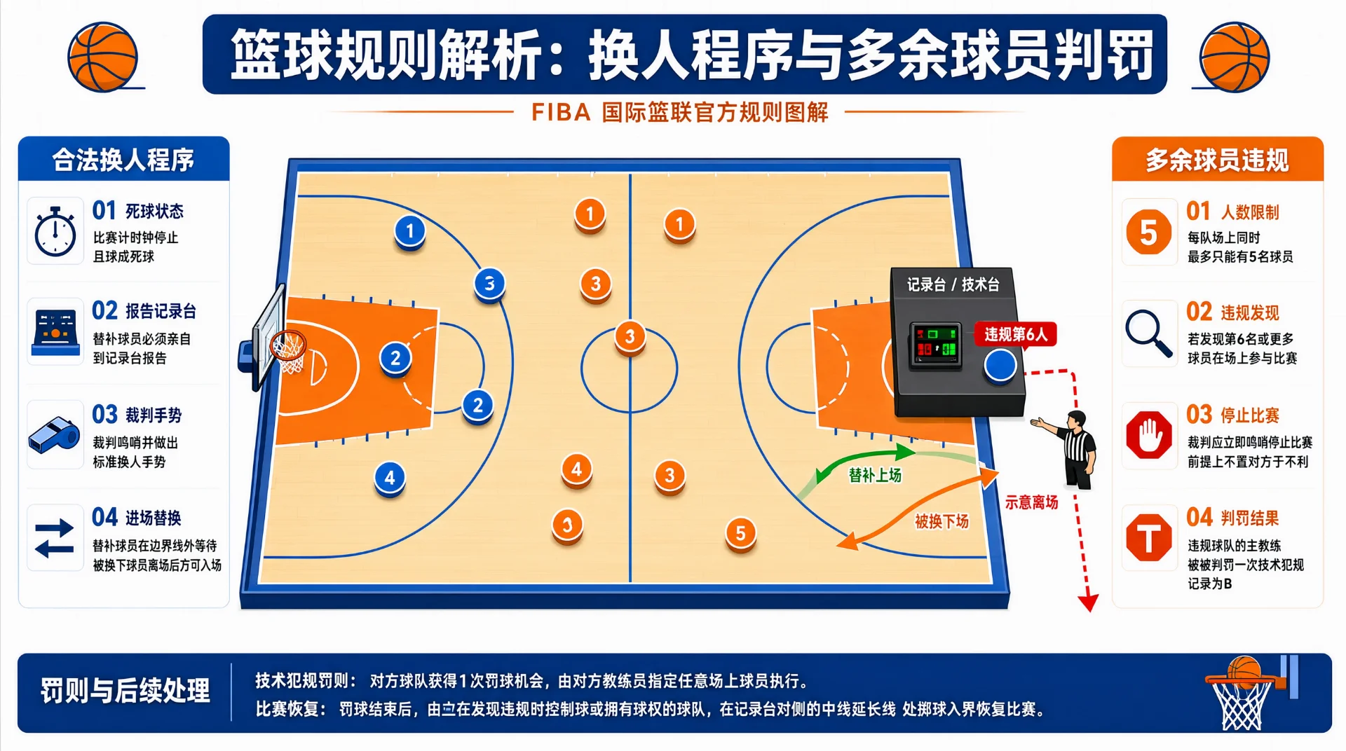 篮球规则信息图：俯视球场上蓝橙圆点各五个代表双方球员，记录台旁多一名蓝点球员，裁判伸手示意其离场，配换人箭头；两侧列换人程序与违规说明，底部为罚则栏。