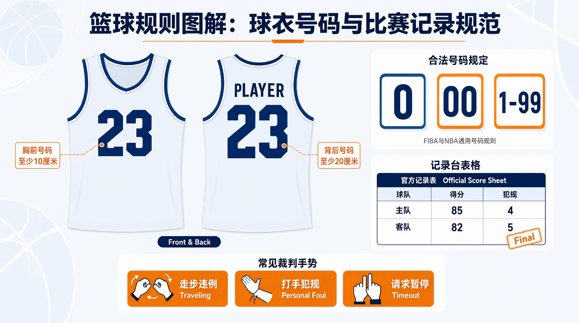 篮球规则图：球衣正背面并排，胸前号码23标注至少10厘米，背后号码23标注至少20厘米；旁有号码0、00、1-99、记录表及走步、打手、暂停手势图标。